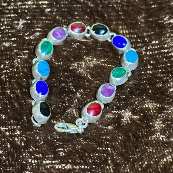 Vtg 23g Sterling Bracelet 6.5 Multi Gemstone Cabochon Onyx Lapis Coral 4127 B - Picture 10 of 12